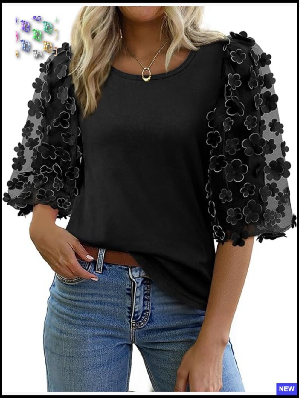 Cotton 3/4 Puff Sleeve Crew Neck Blouse Mesh Appliques Trendy Y2K Going Out Top